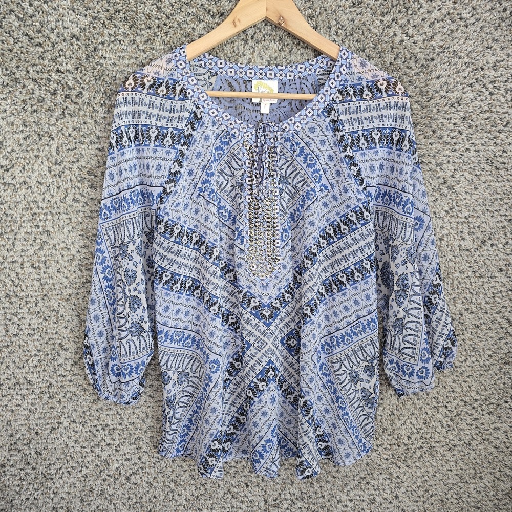 Fig & Flower Top Womens Large Blue Floral Print Sheer‎ Blouse Neck Tie Casual